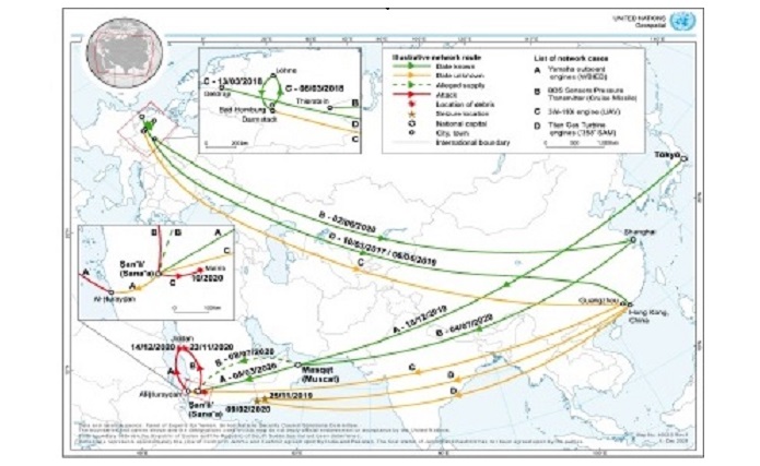 خريطة شبكة إمداد الحوثيين بالأسلحة - من تقرير فريق الخبراء