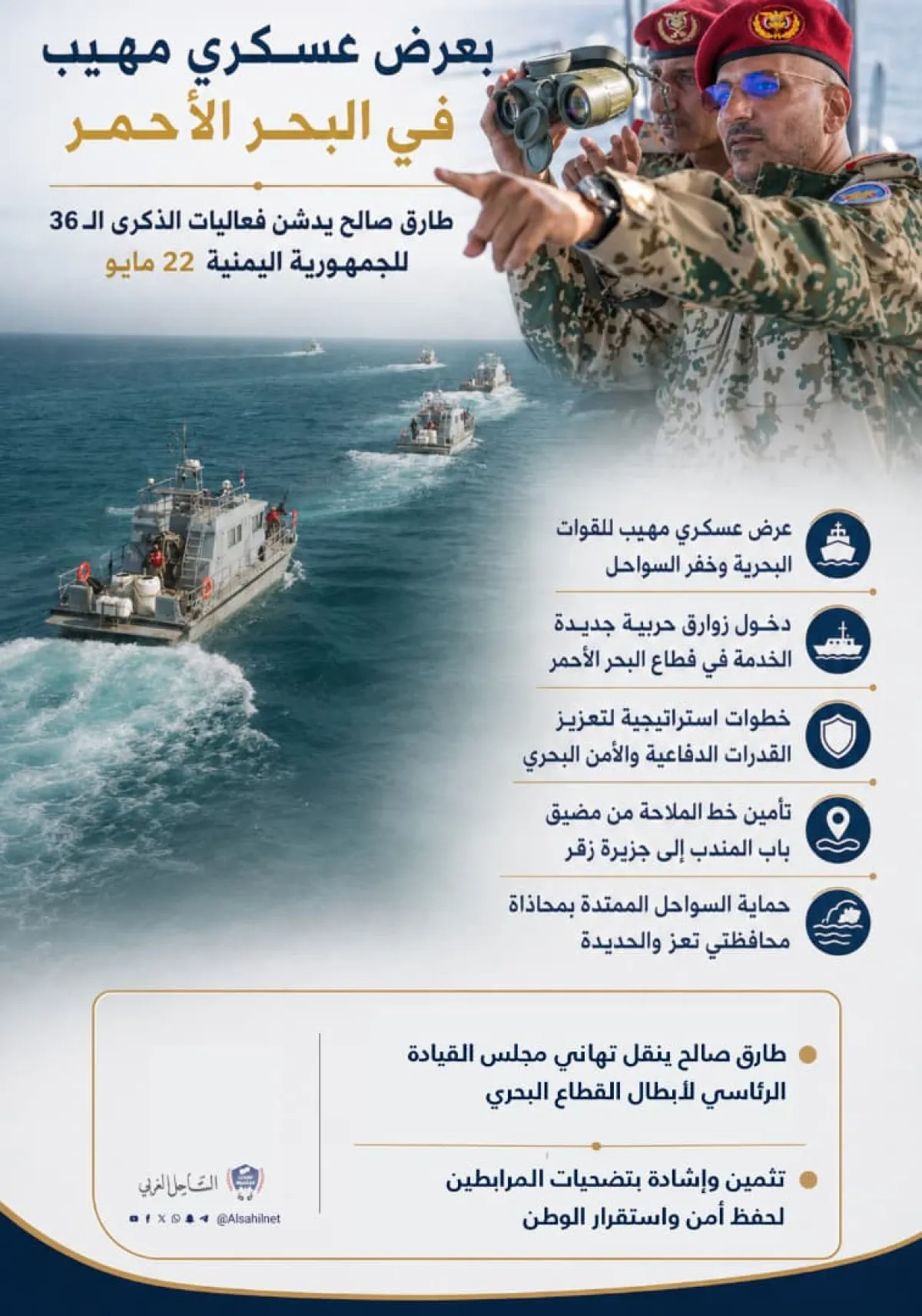 انفوجرافيك| طارق صالح: قواتنا البحرية جاهزة لحماية المياه الإقليمية وتأمين الملاحة الدولية